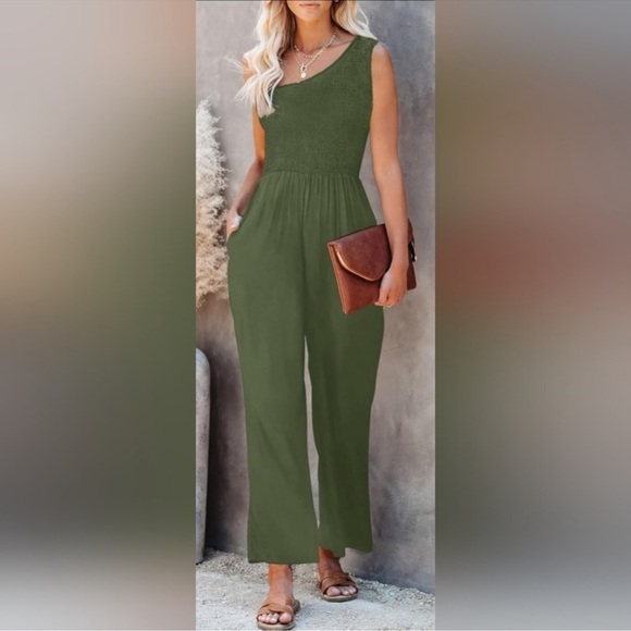 Angashion Pants - Angashion Green One Shoulder Jumpsuit
